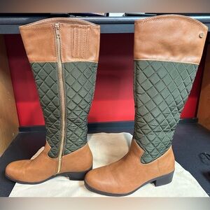 Nautica Brown Faux Leather & Quilted Green Textile Knee High Boots Women’s Sz 10